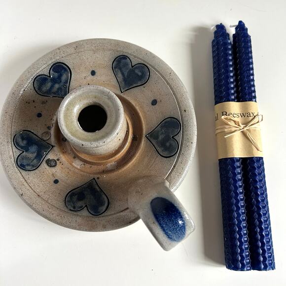 Rowe Pottery Chamber Candle Holder Blue Hearts and Beeswax Candles Countrycore - Picture 9 of 11